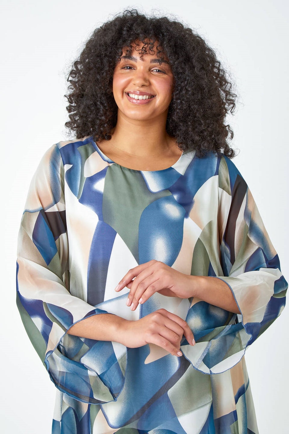 Roman Navy Curve Abstract Chiffon Overlay Top