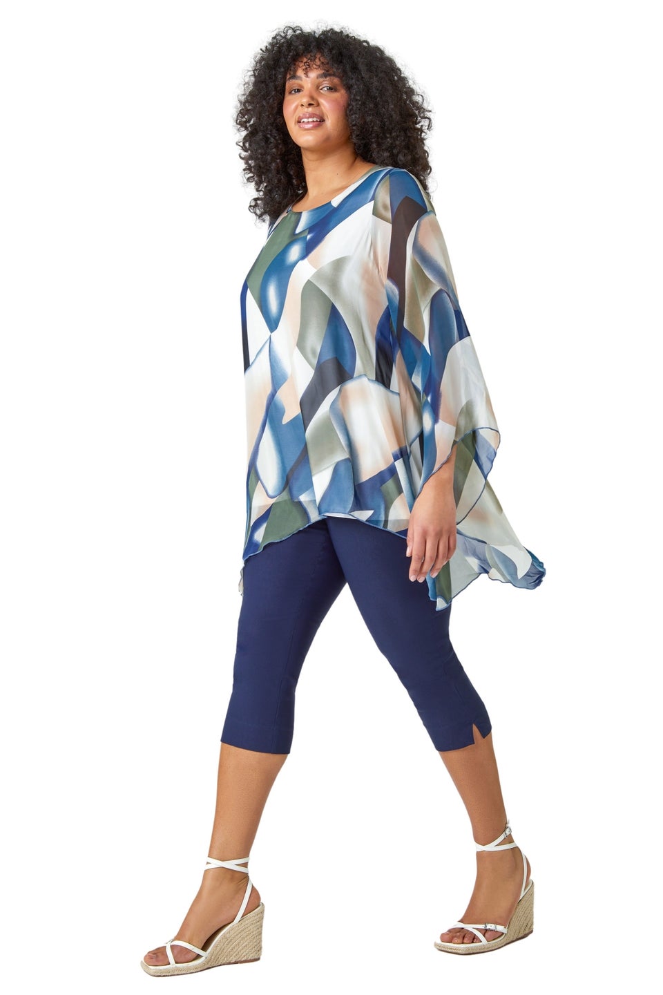Roman Navy Curve Abstract Chiffon Overlay Top