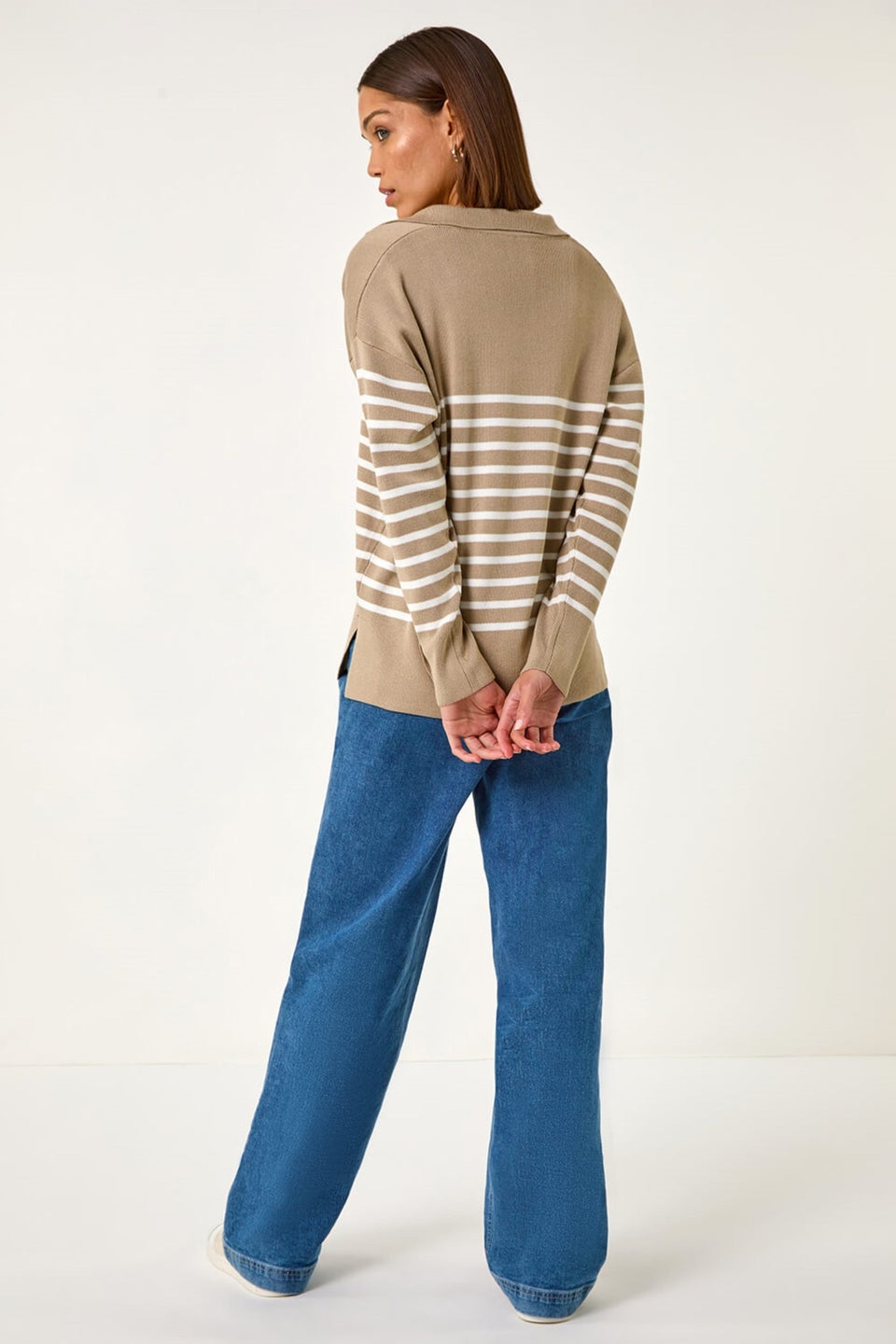 Roman Beige Horizontal Stripe Collared Knit Jumper