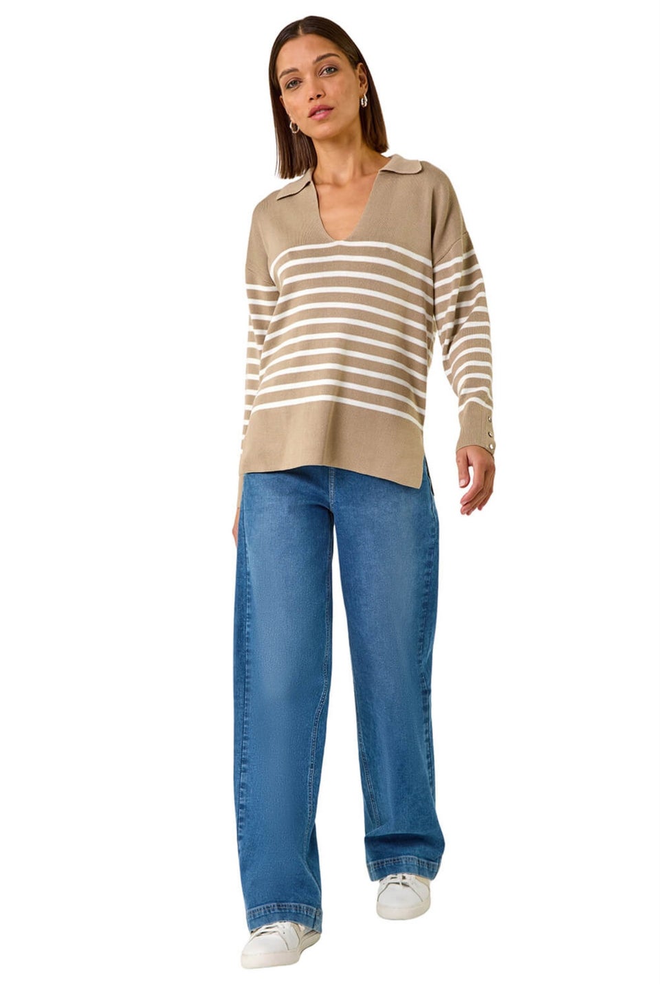 Roman Beige Horizontal Stripe Collared Knit Jumper