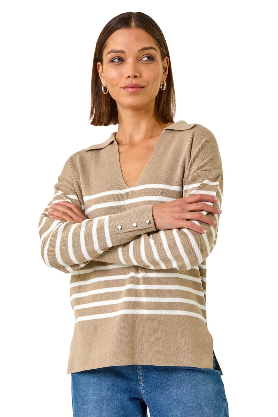 Roman Beige Horizontal Stripe Collared Knit Jumper