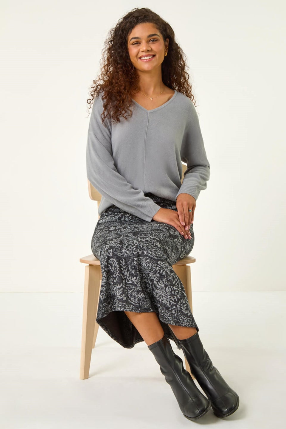 Roman Dark Grey Leaf Print Paneled Tulip Skirt
