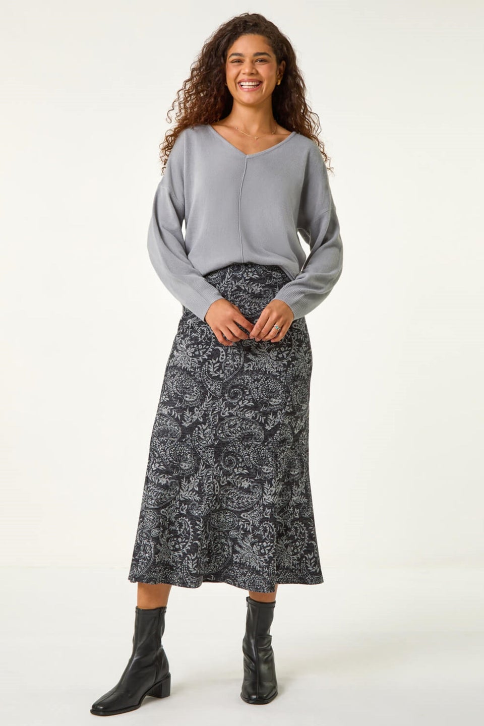 Roman Dark Grey Leaf Print Paneled Tulip Skirt