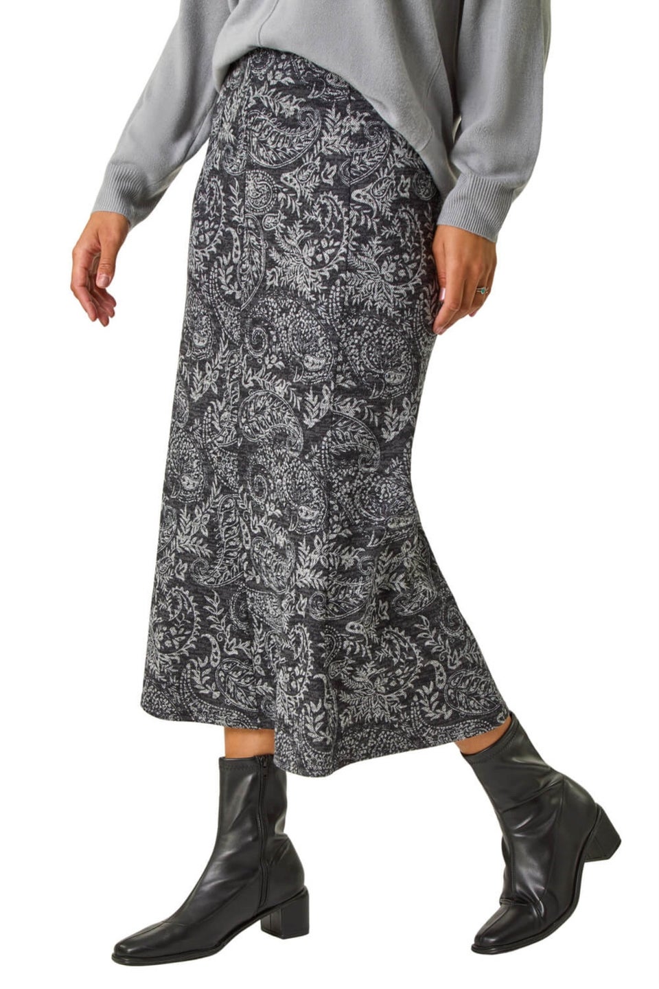 Roman Dark Grey Leaf Print Paneled Tulip Skirt