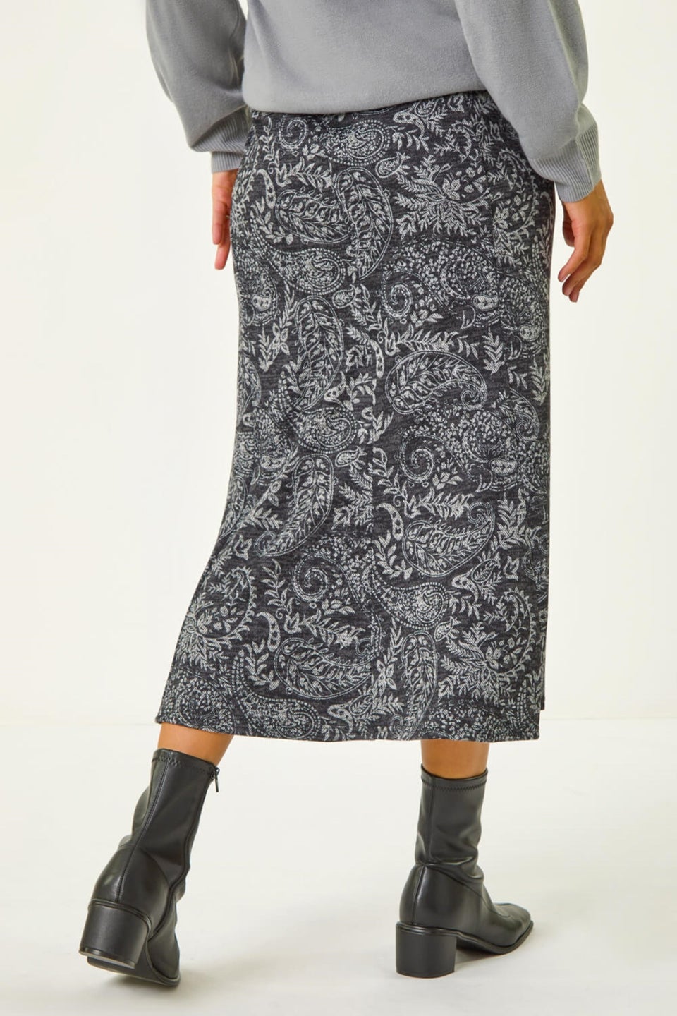 Roman Dark Grey Leaf Print Paneled Tulip Skirt