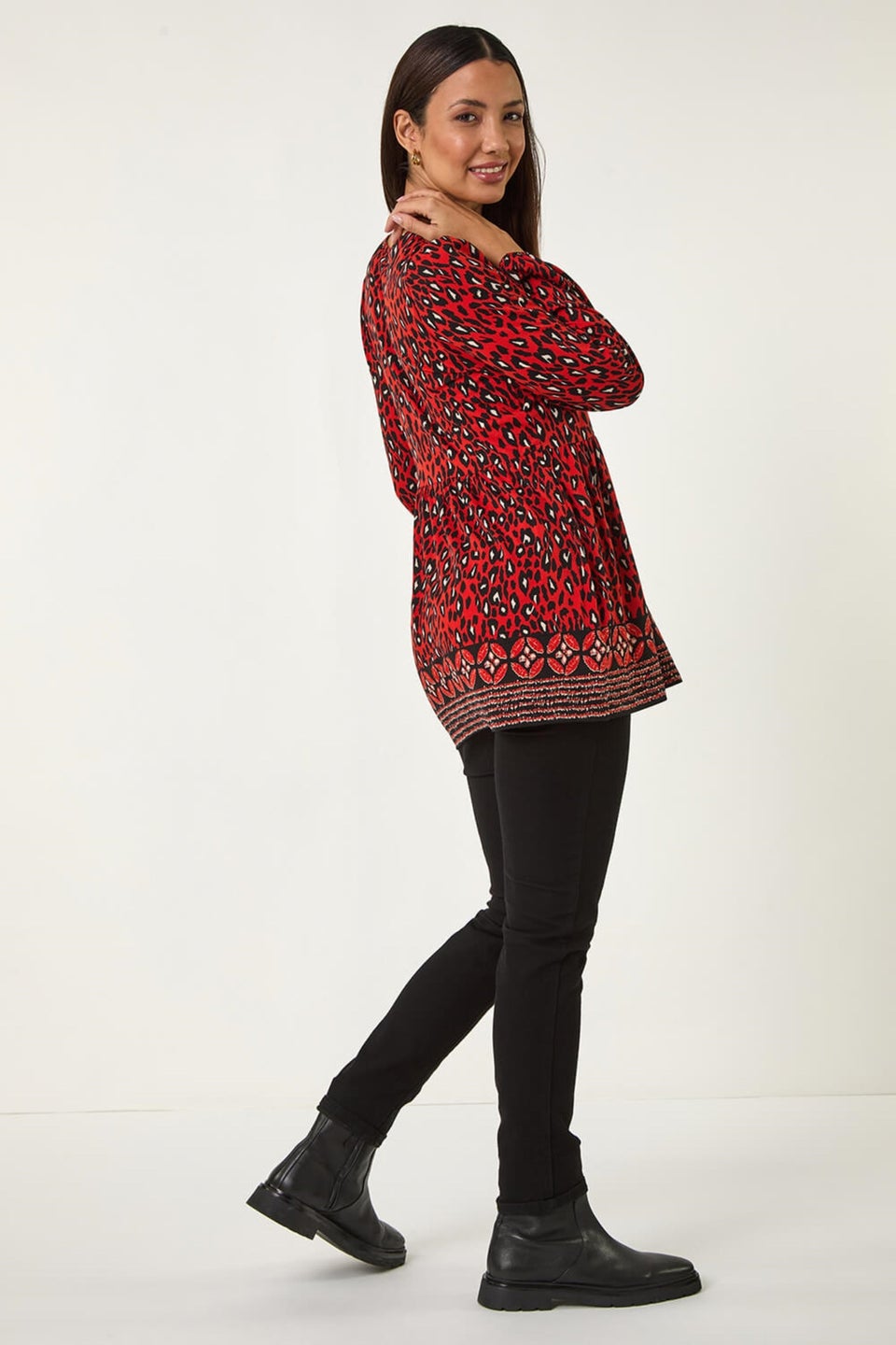 Roman Red Abstract Printed V-Neck Tunic Top