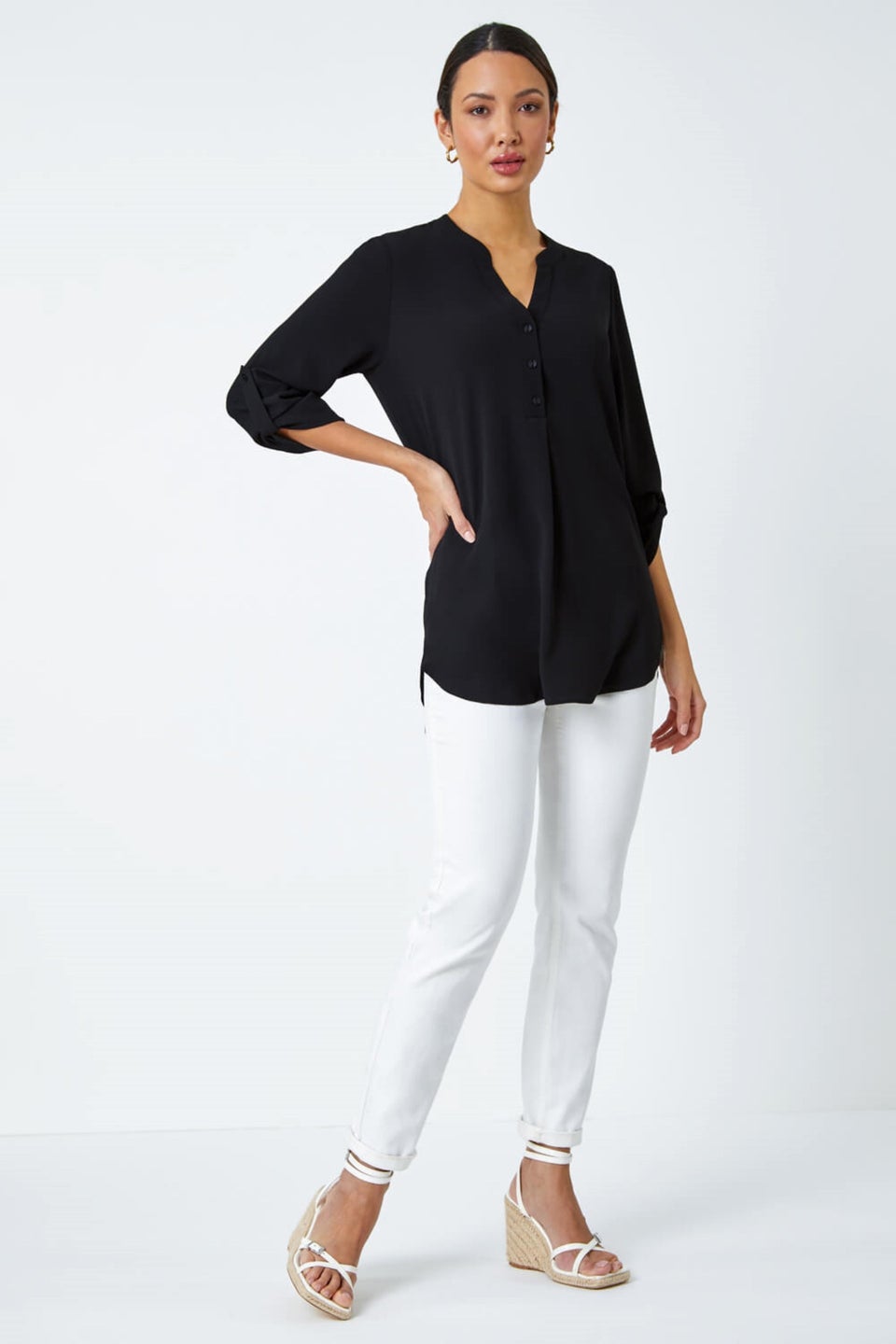 Roman Black V-Neck Longline Tunic Blouse