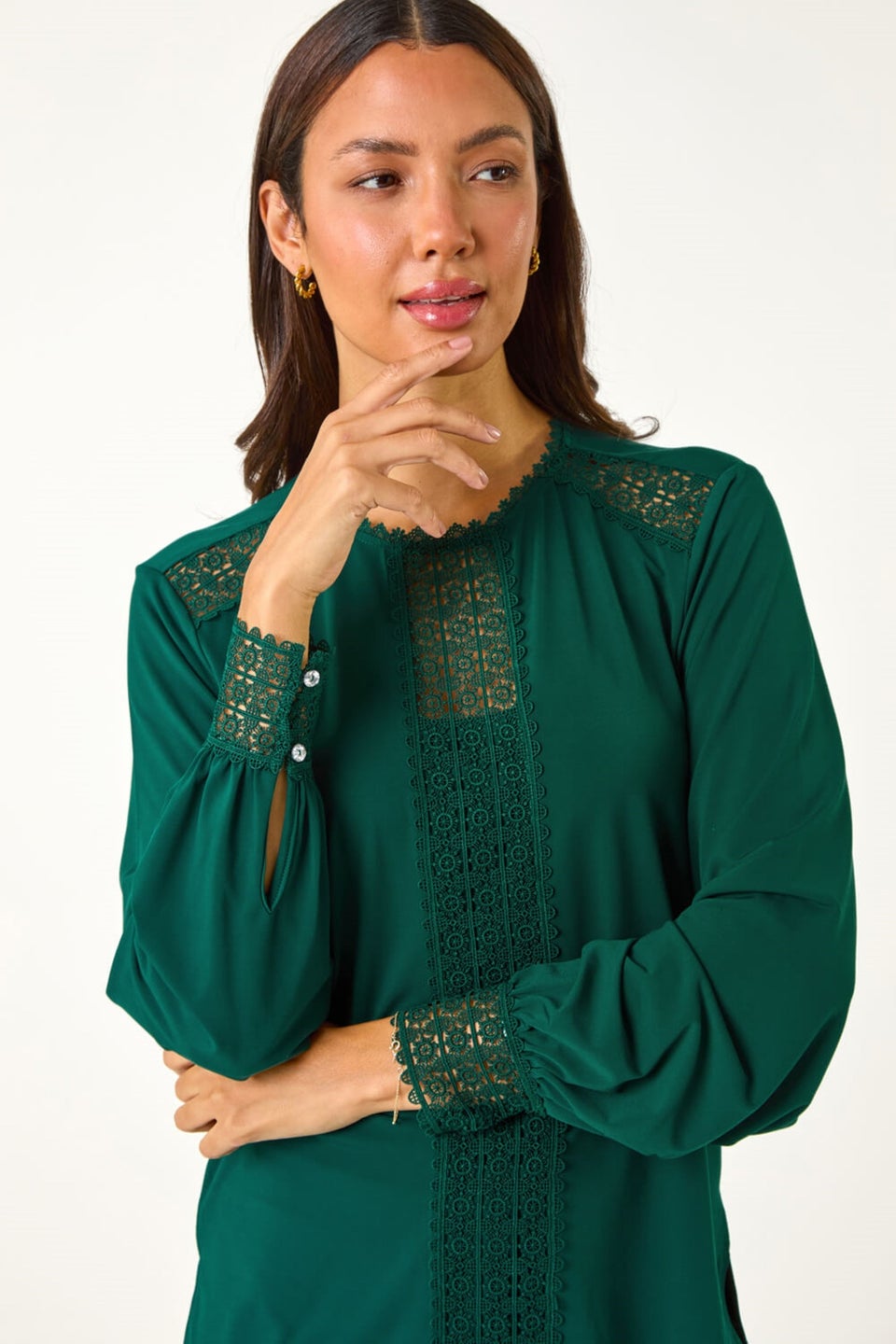 Roman Forest Green Lace Trim Detail Stretch Top