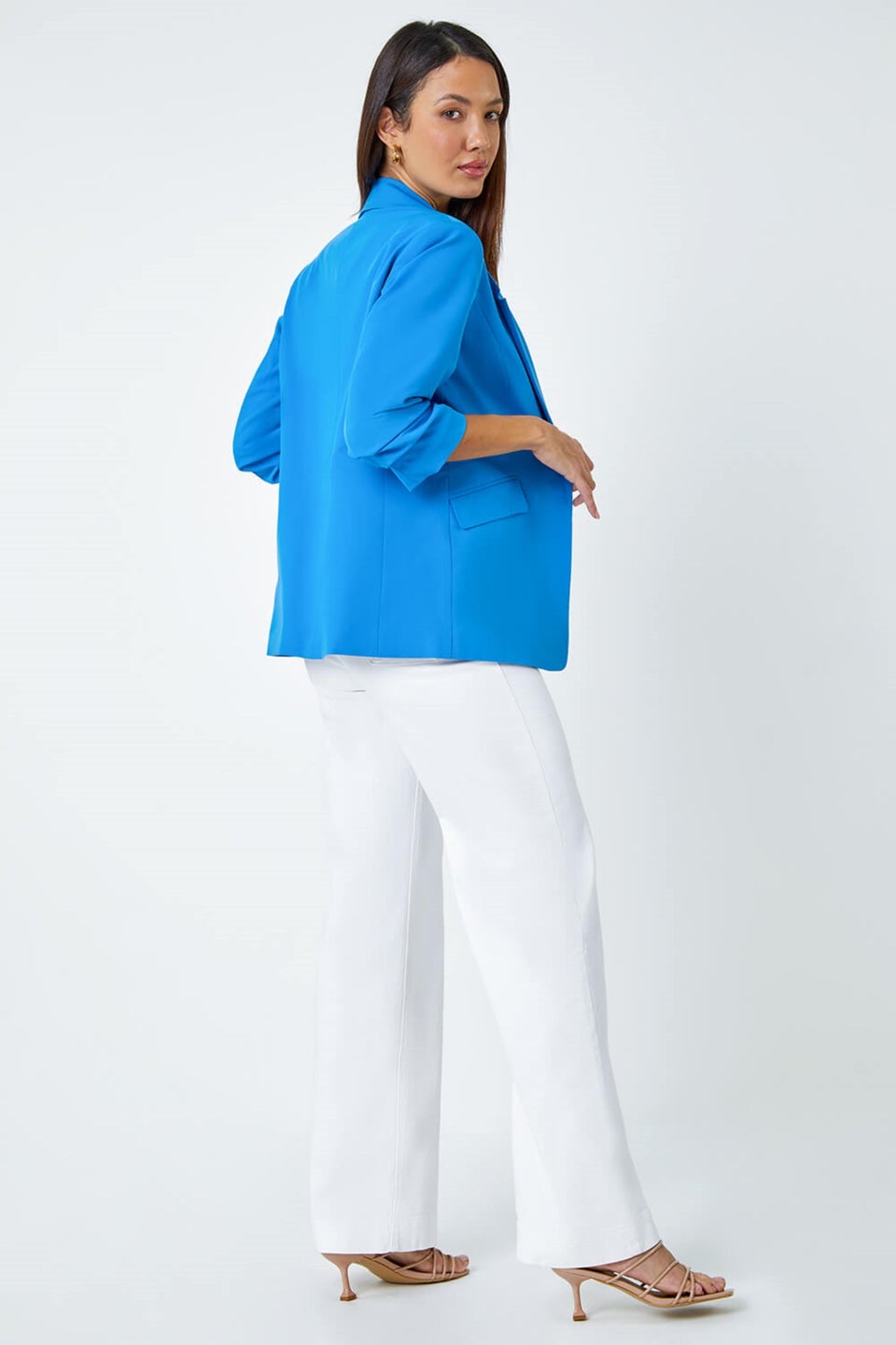 Roman Blue Ruched 3/4 Sleeve  Stretch Blazer