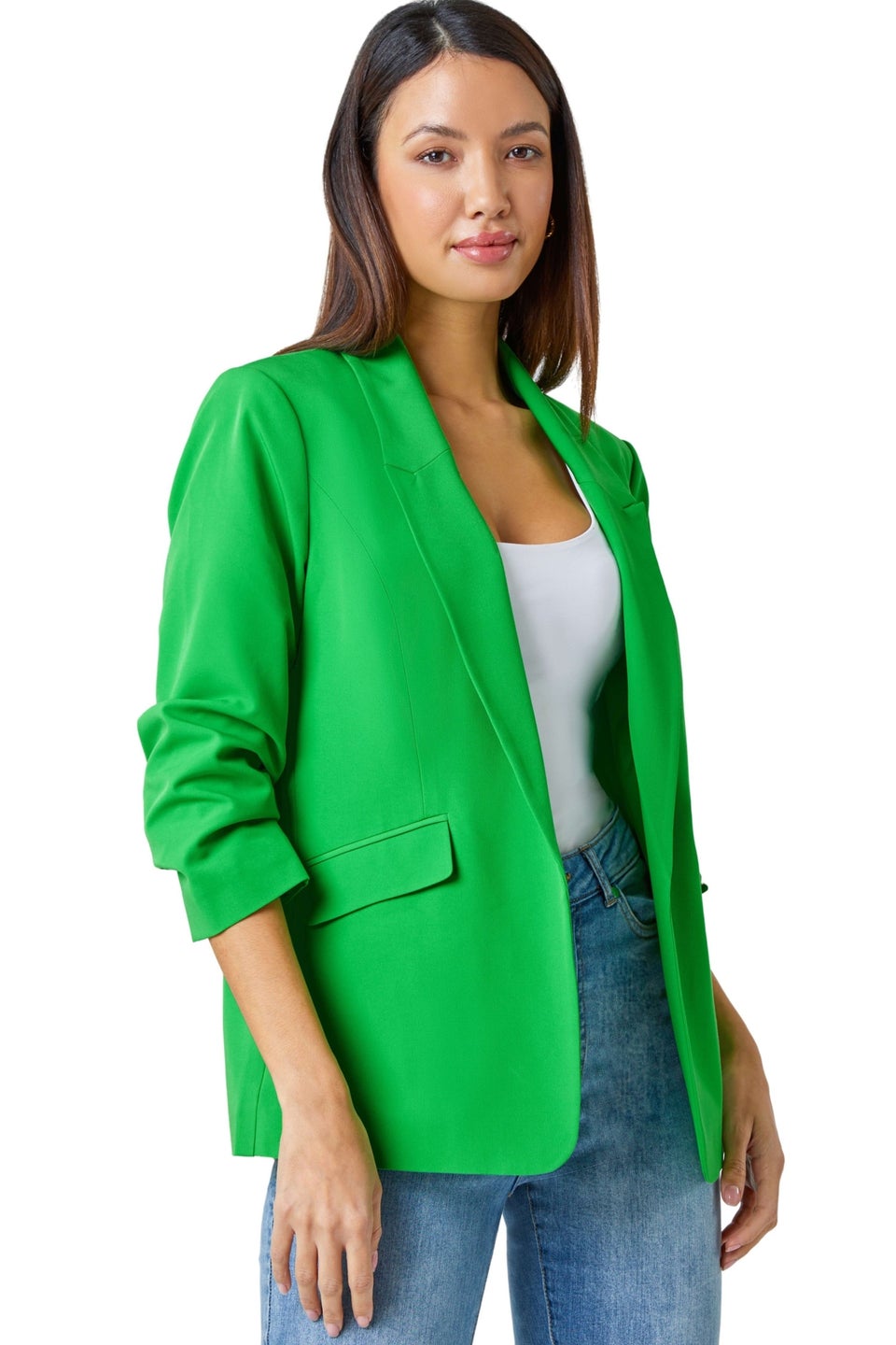 Roman Green Ruched 3/4 Sleeve Stretch Blazer