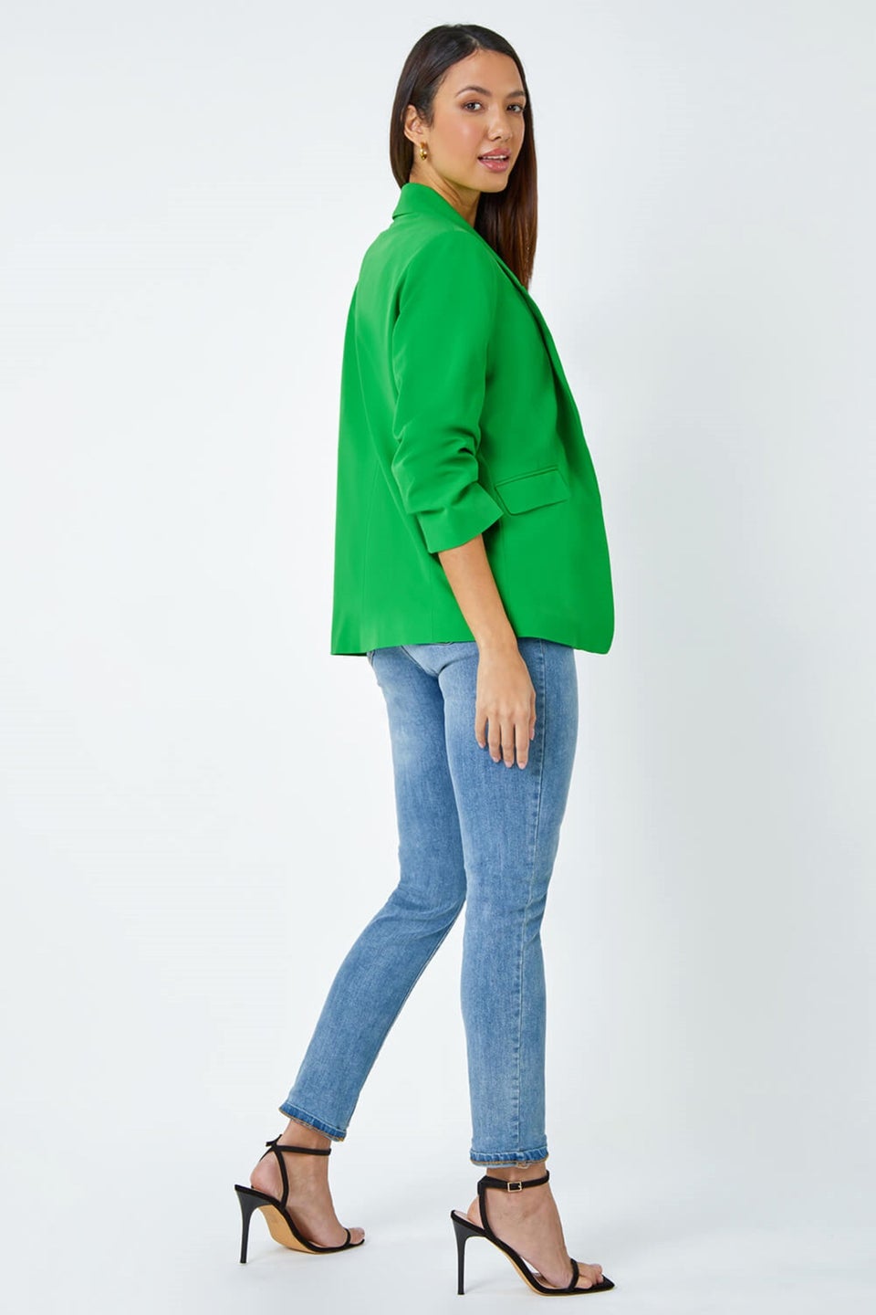 Roman Green Ruched 3/4 Sleeve Stretch Blazer