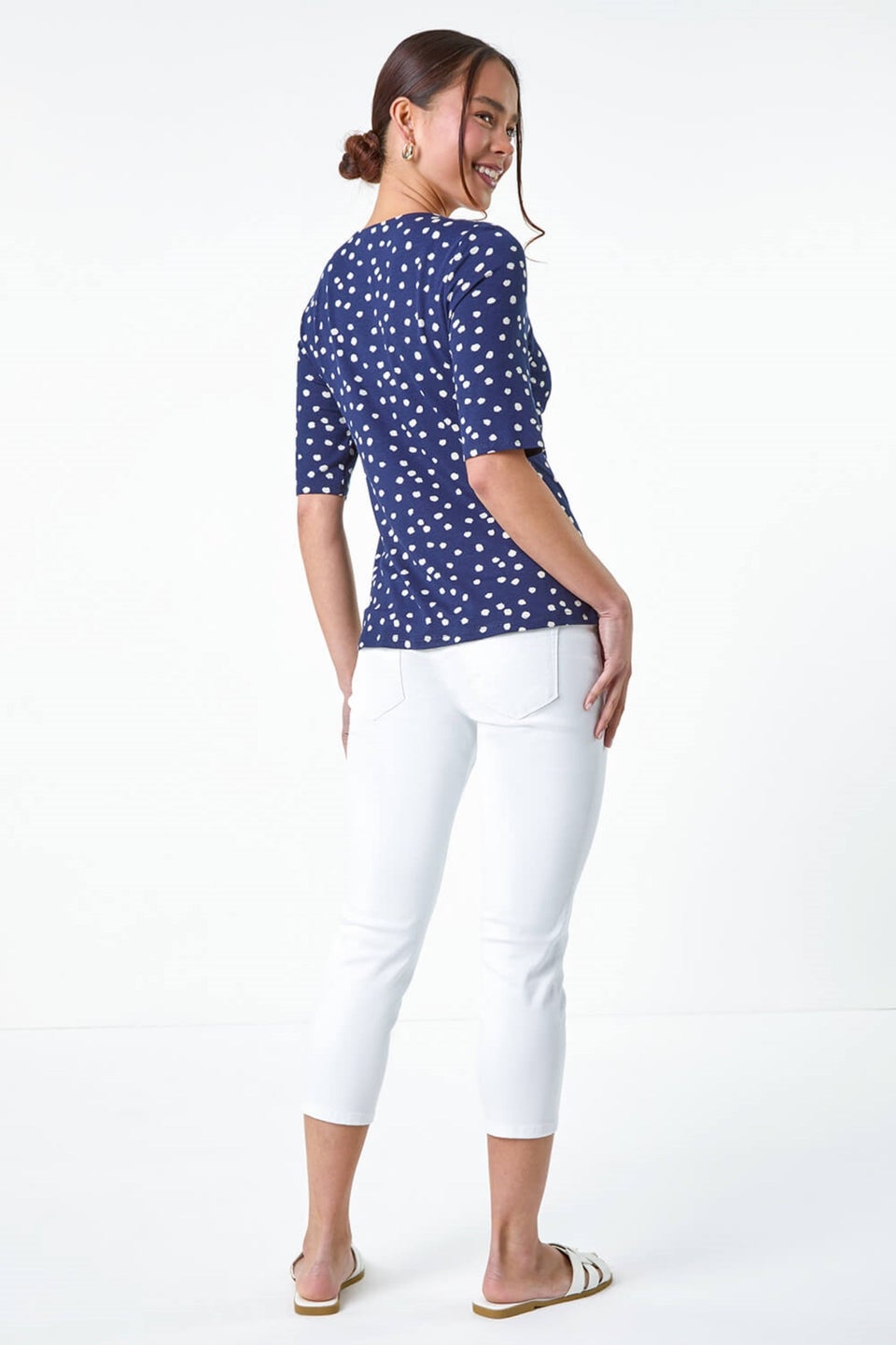 Roman Navy Petite Polka Dot Ruched Stretch Top