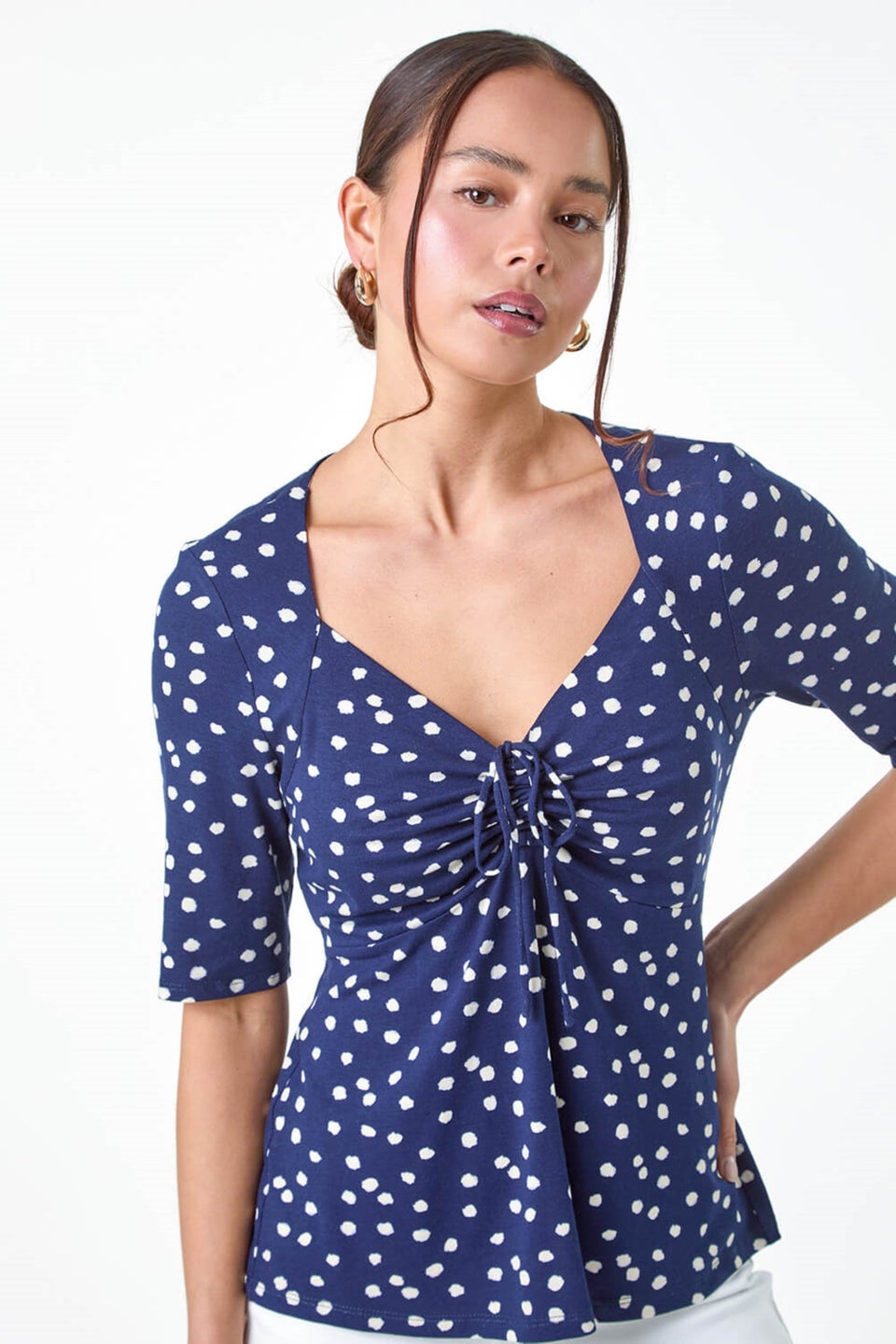 Roman Navy Petite Polka Dot Ruched Stretch Top