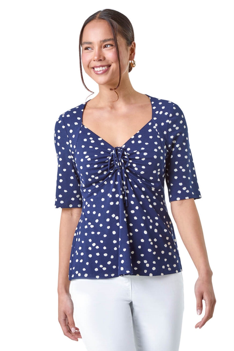 Roman Navy Petite Polka Dot Ruched Stretch Top