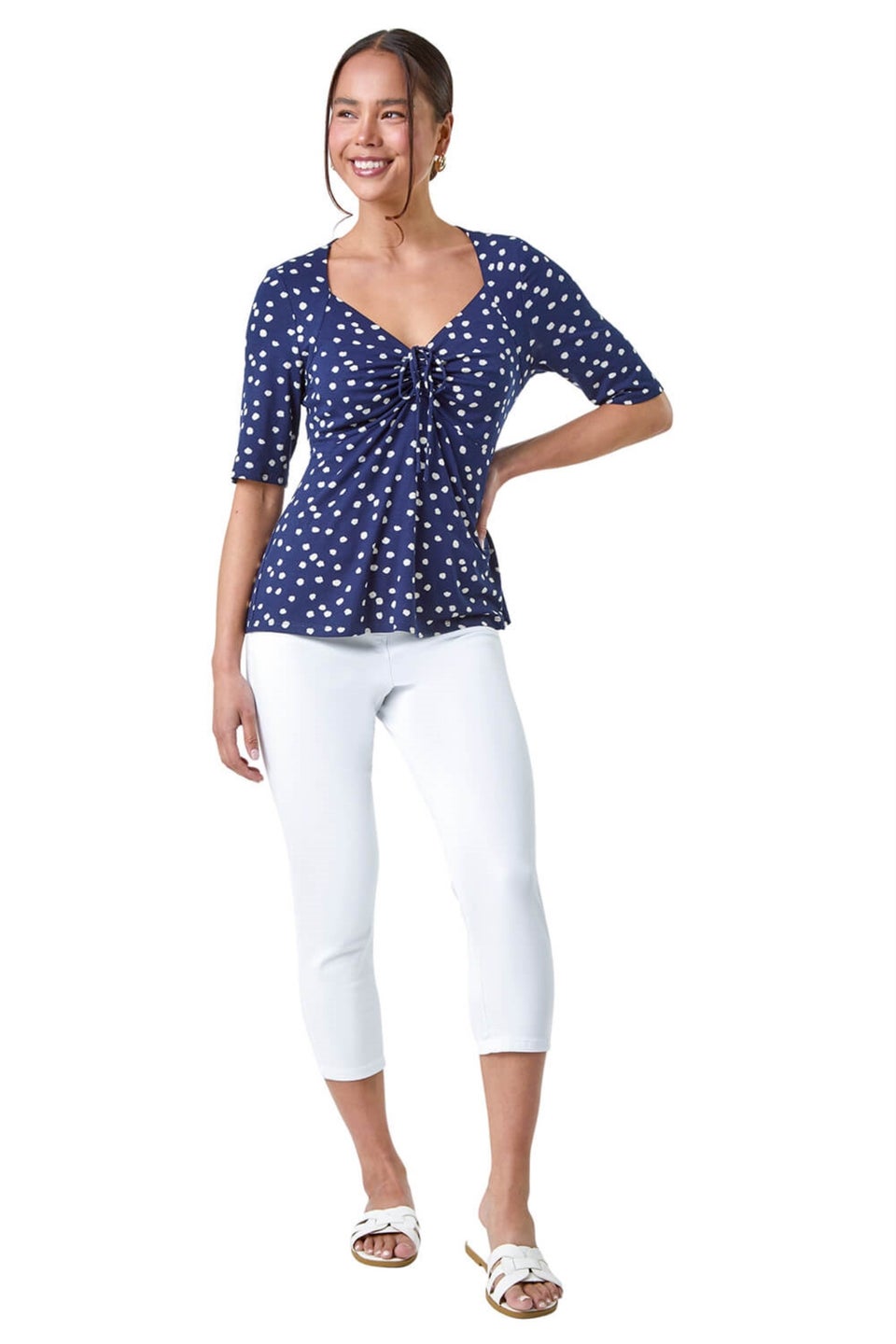 Roman Navy Petite Polka Dot Ruched Stretch Top