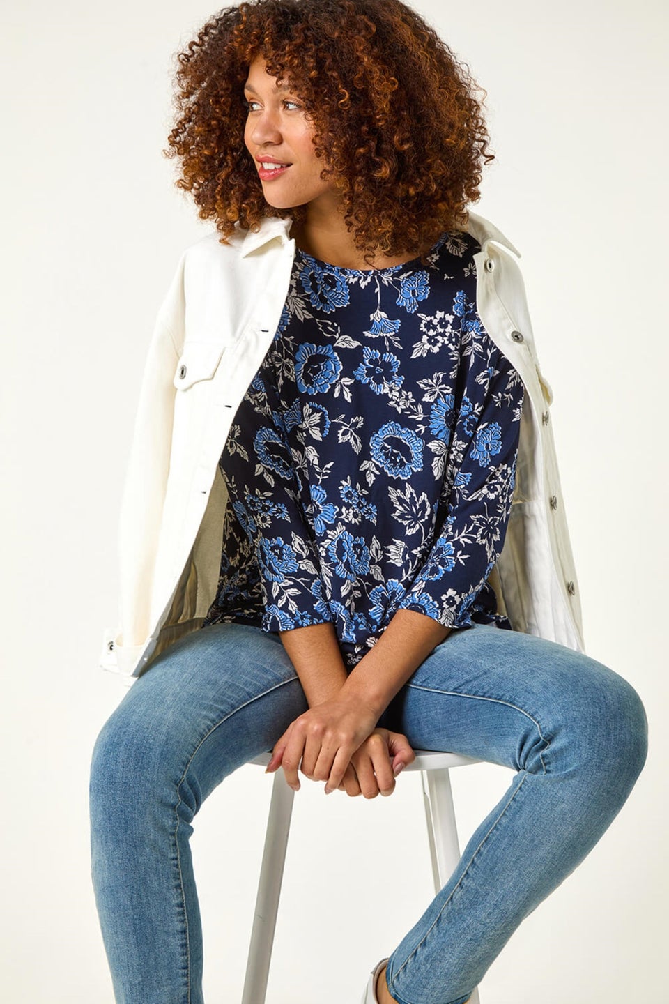 Roman Navy Floral Print Jersey Top