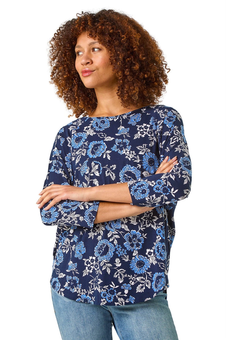 Roman Navy Floral Print Jersey Top