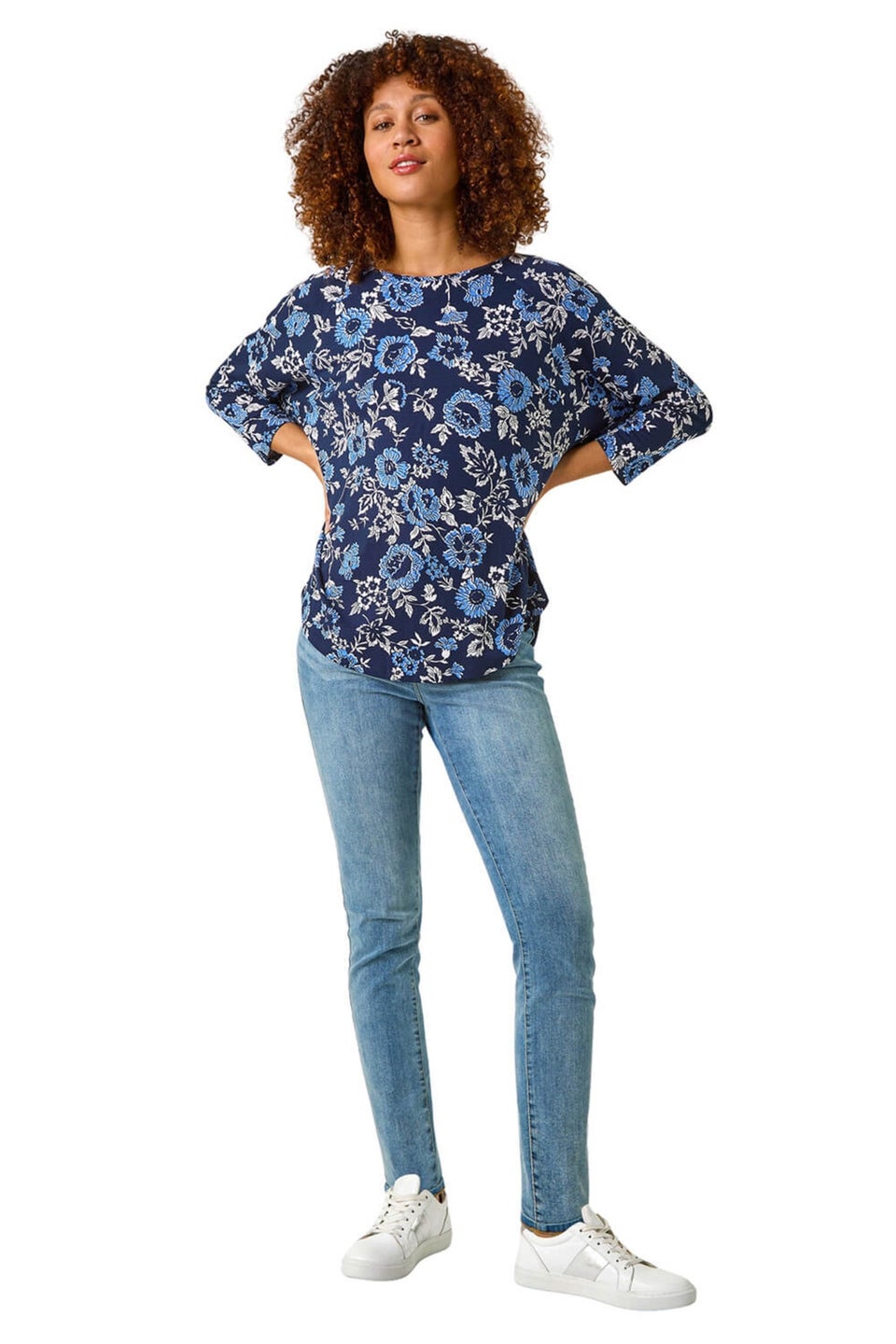 Roman Navy Floral Print Jersey Top