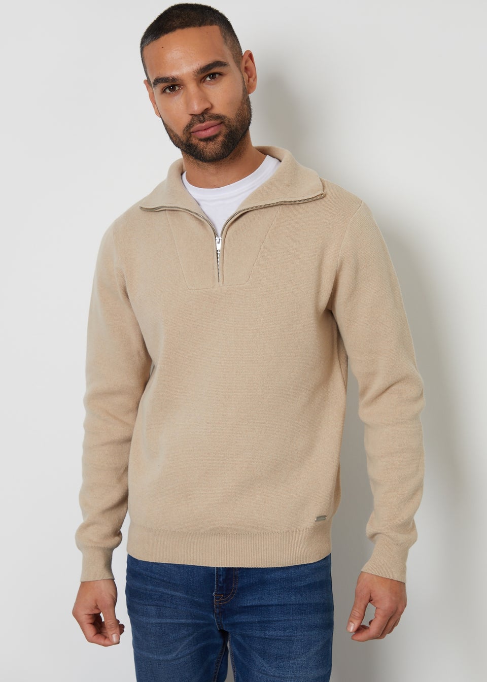 Threadbare Brown Rib Panel Quarter Zip Jumper