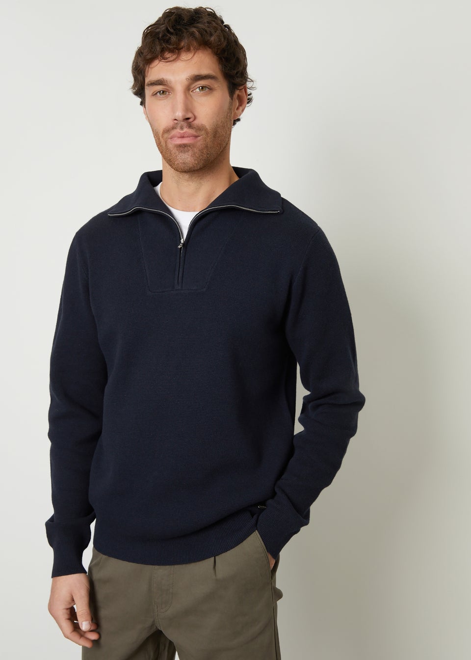 Threadbare Navy Rib Panel Quarter Zip Jumper
