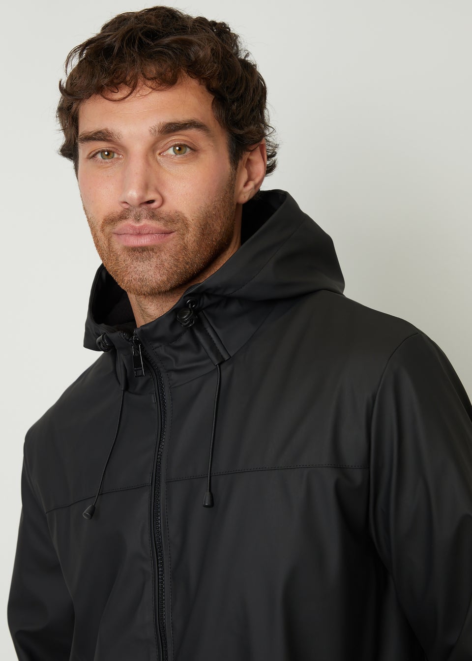 Threadbare Black Microfleece Lined Hooded Rubberised Raincoat