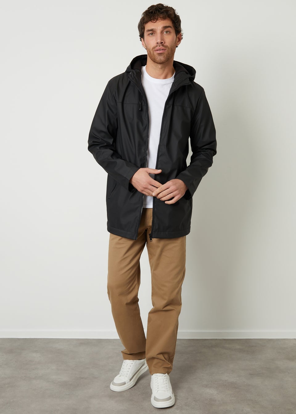 Threadbare Black Microfleece Lined Hooded Rubberised Raincoat
