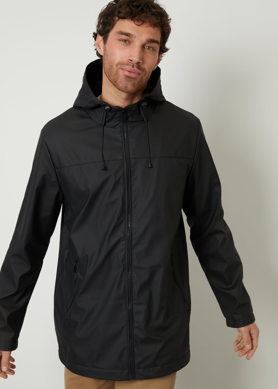 Threadbare Black Microfleece Lined Hooded Rubberised Raincoat