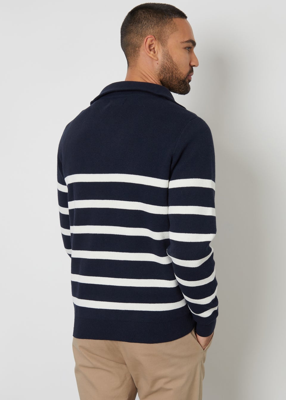 Threadbare Navy Striped Quarter Zip Knitted Jumper