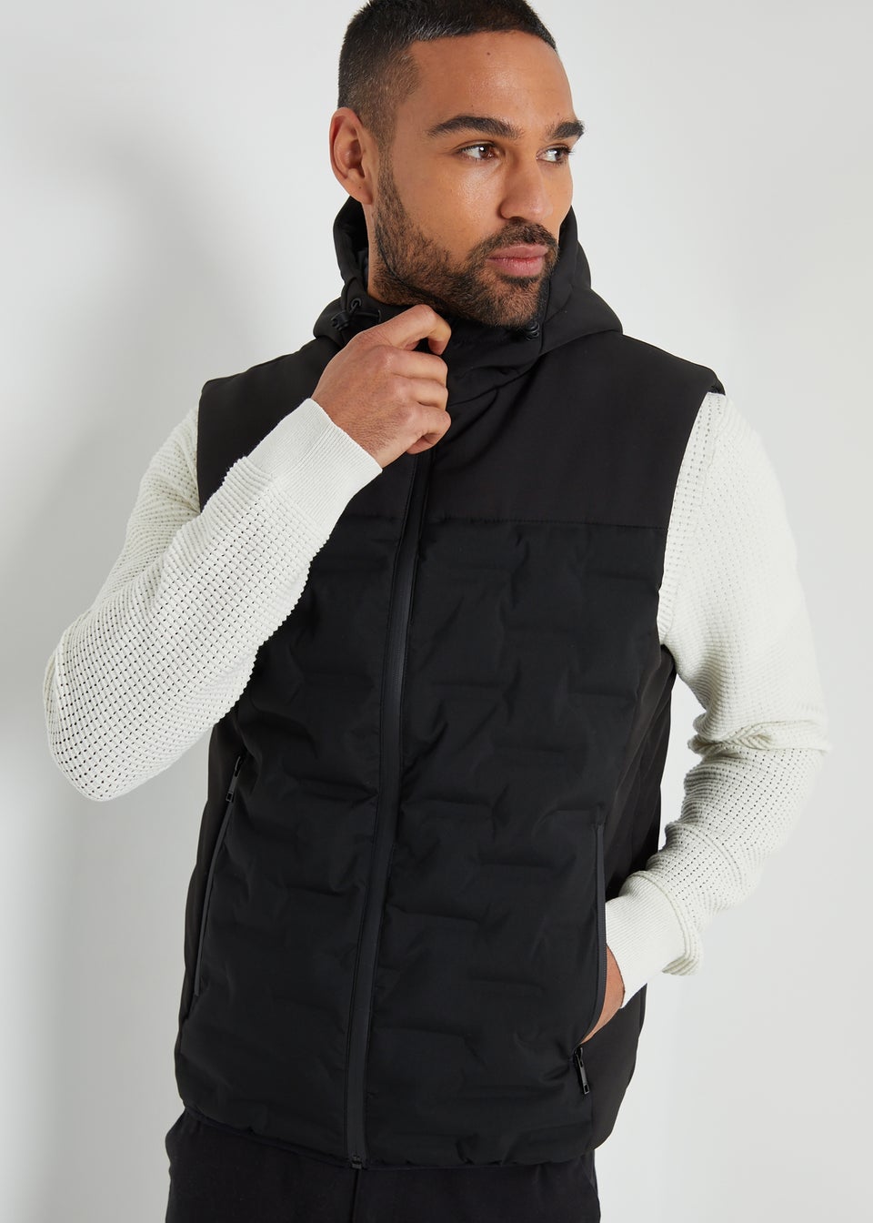 Threadbare Black Quilted Panel Hooded Gilet