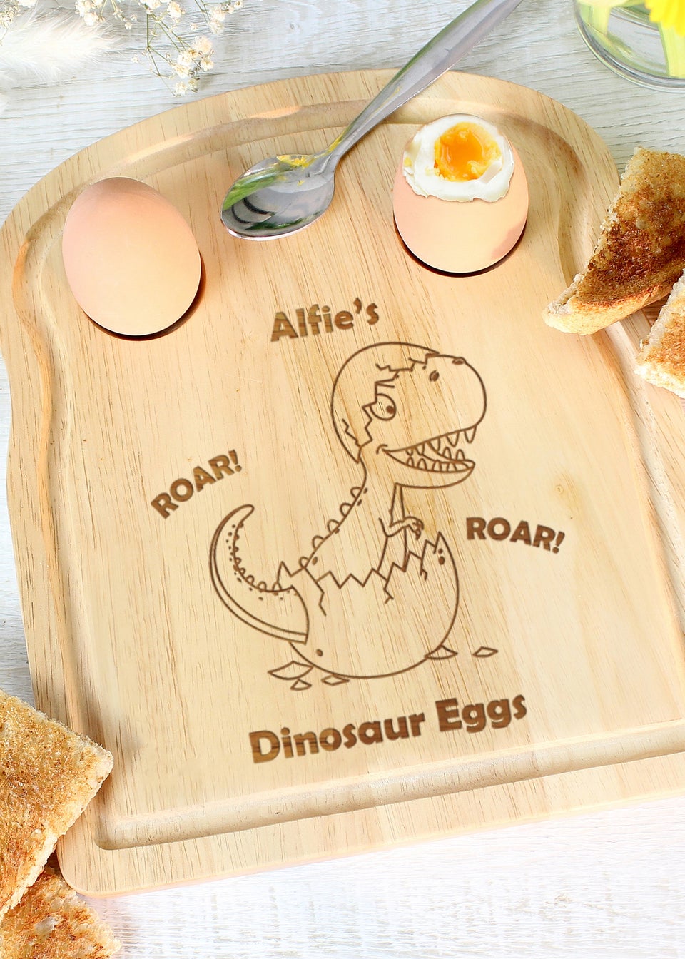 Personalised Memento Company Light Brown Dinosaur Egg & Toast Board