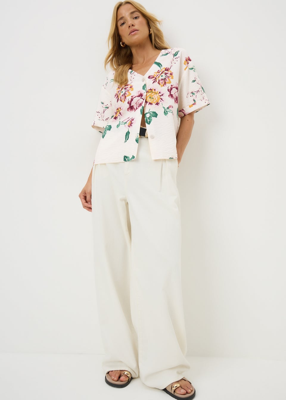 Cream Floral Button V-Neck Shirt