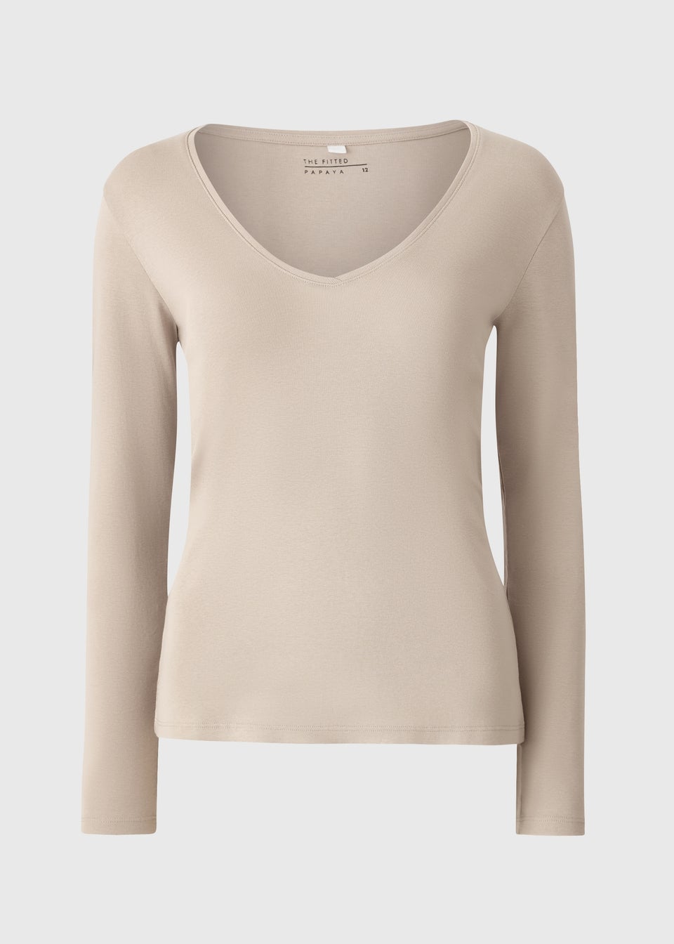Taupe Fitted V Neck Fitted Long Sleeve Top