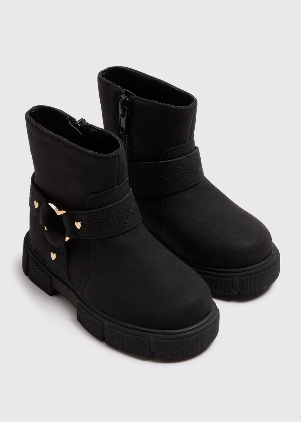 Girls Black Heart Buckle Biker Boots (Younger 4-12)