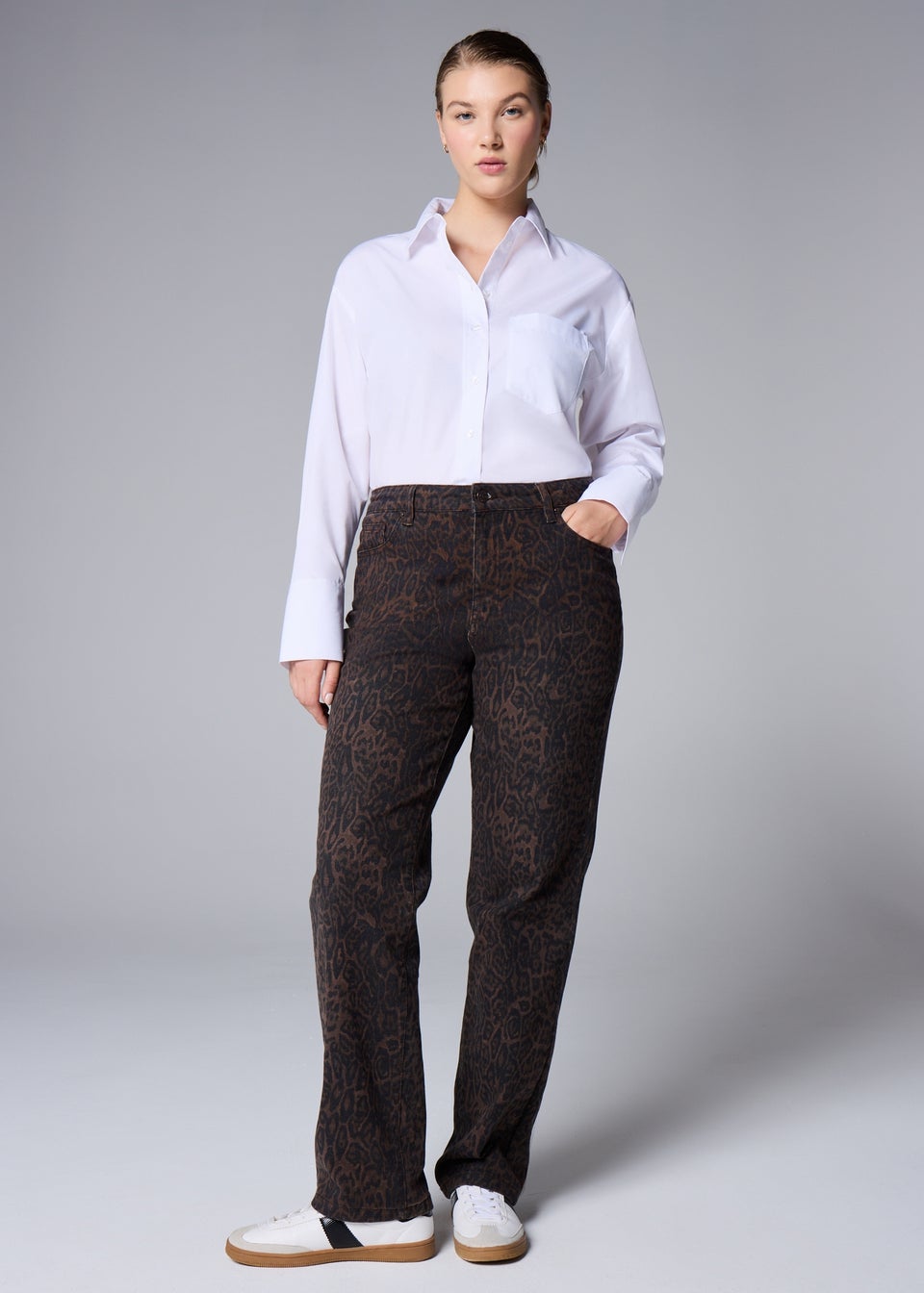 Brown Animal Print Straight Fit Jeans