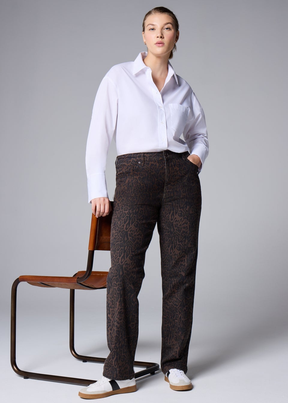 Brown Animal Print Straight Fit Jeans
