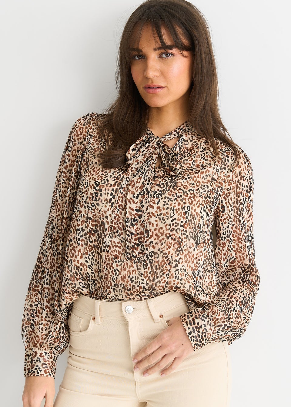 Gini London Brown Animal Print Long Sleeves Tie Neck Blouse
