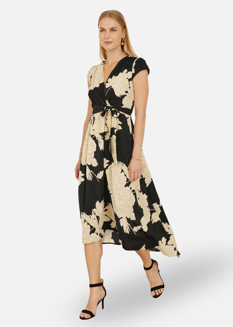 Yumi Black Blossom Print Wrap Midi With Dipped Hem