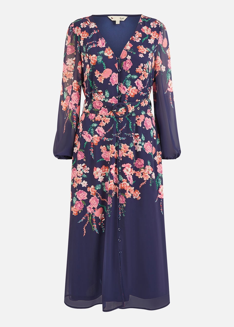 Yumi Navy Button Up  Midi Dress With Floral Placement & Long Sleeves