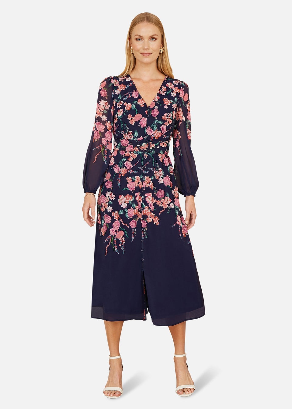 Yumi Navy Button Up  Midi Dress With Floral Placement & Long Sleeves