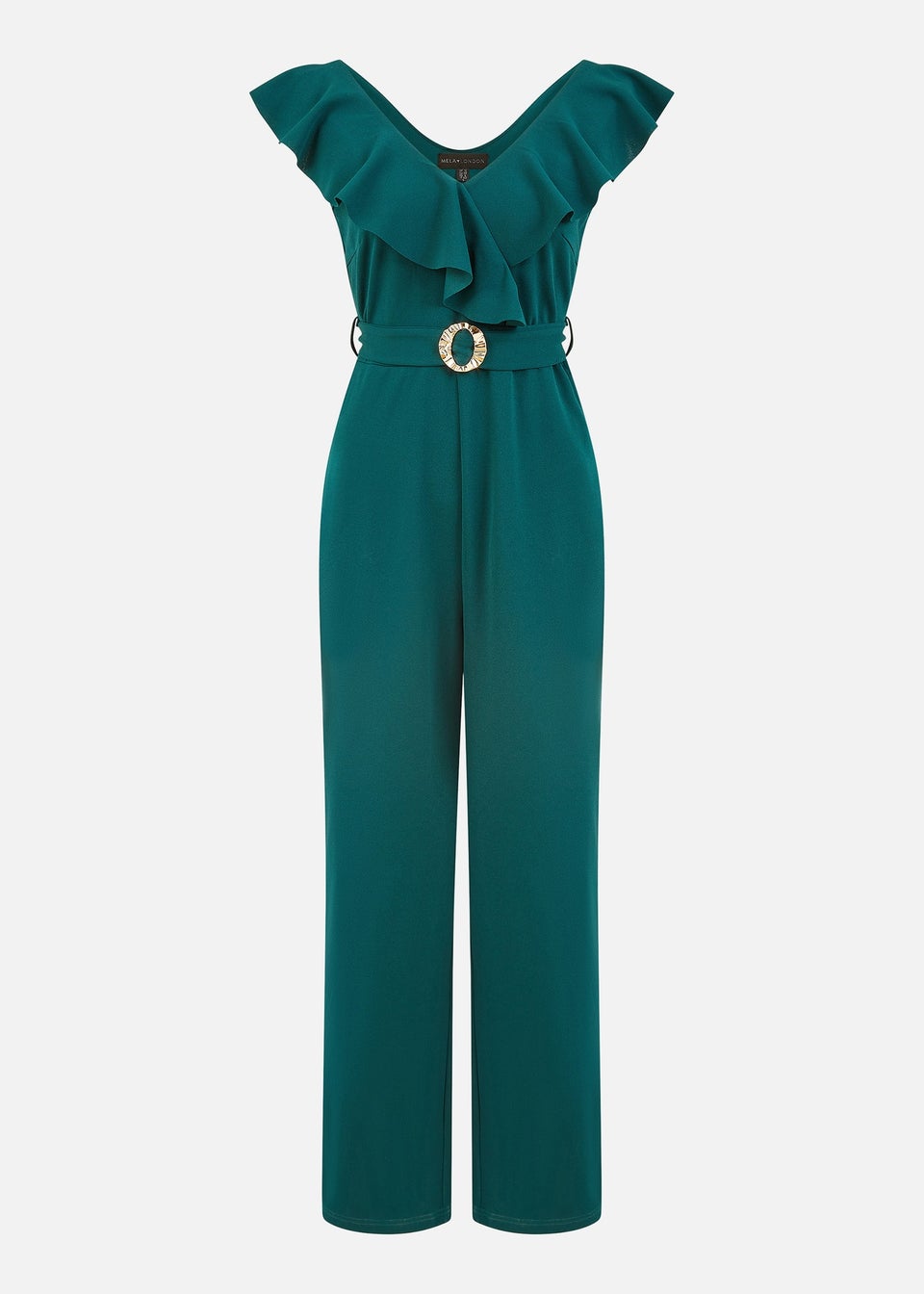 Yumi Green Jumpsuit With Gold Buckle & Frill Detail