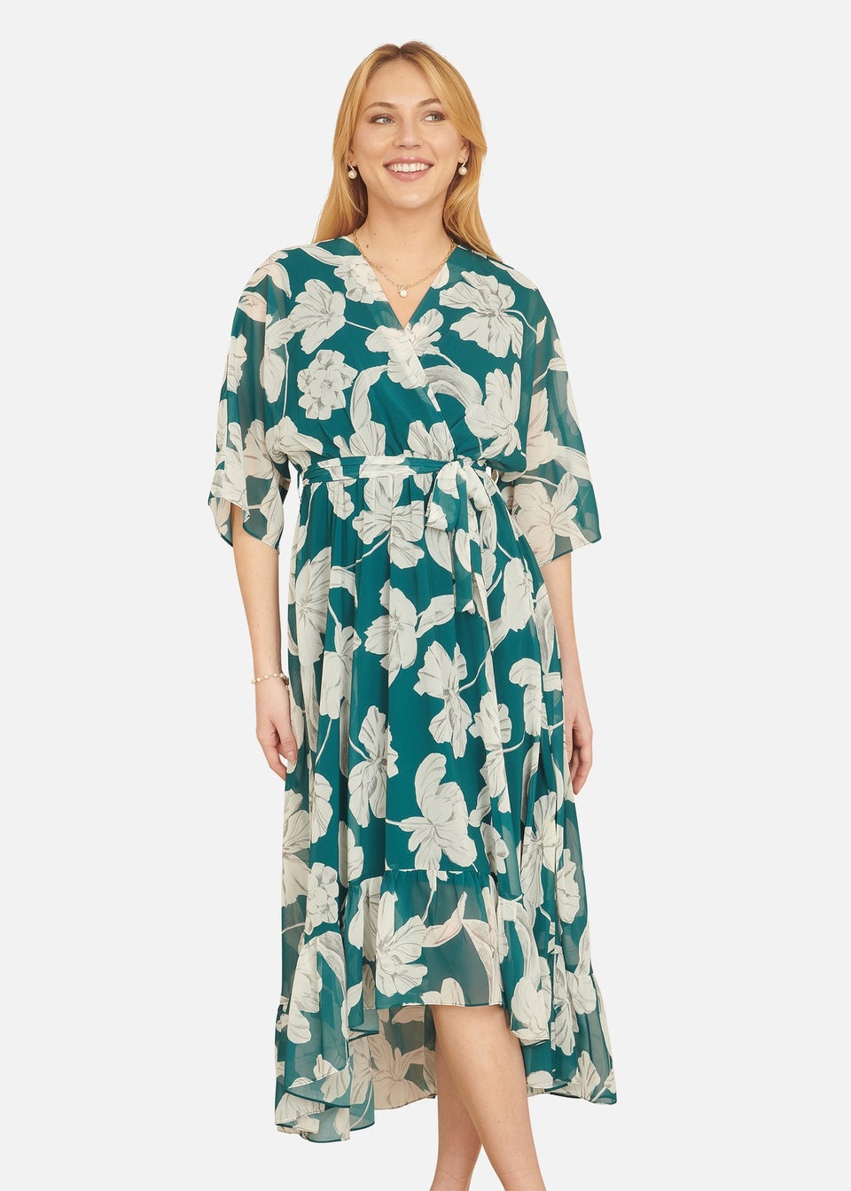 Yumi Green Floral Print Wrap Dress With Dippe