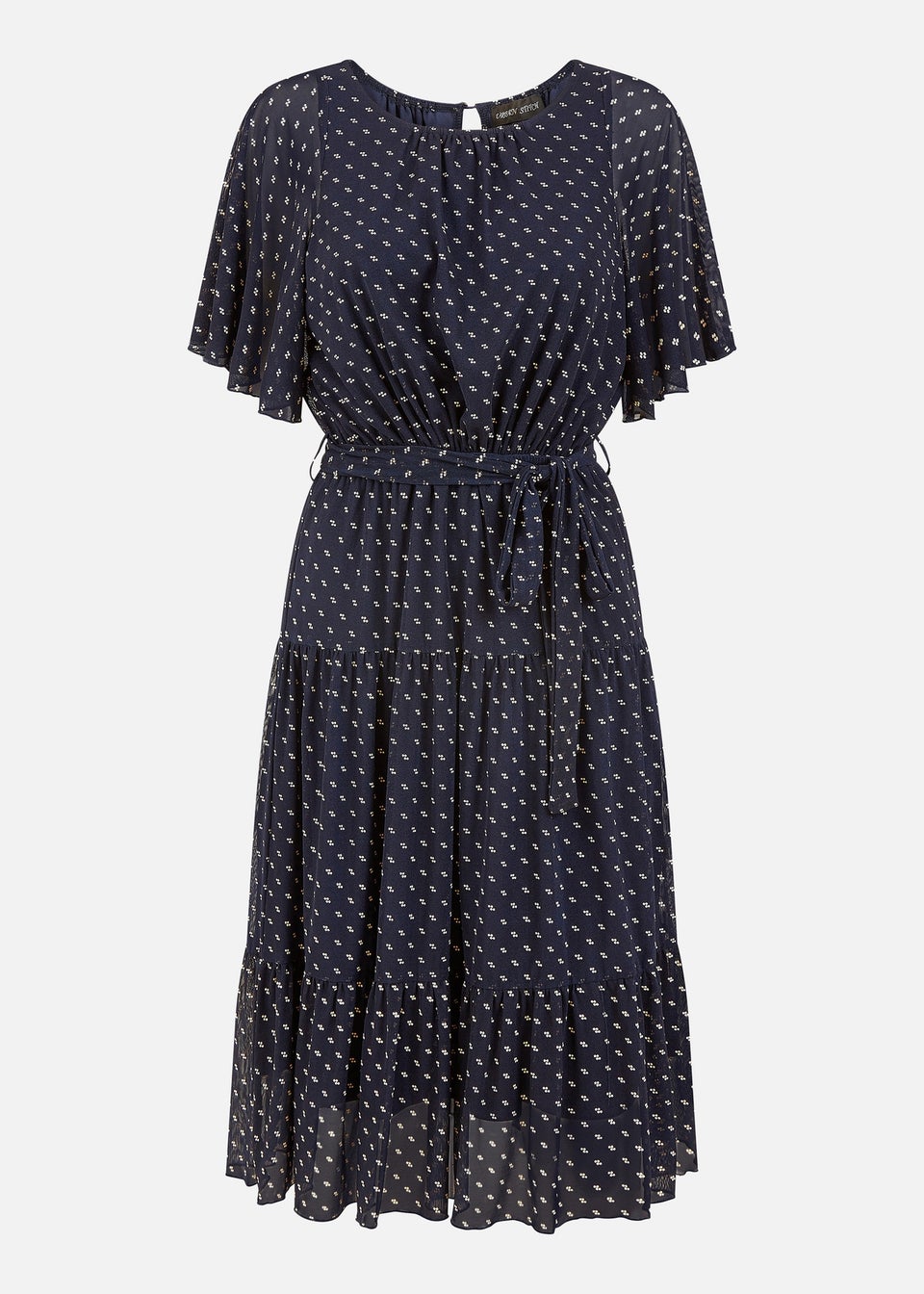 Yumi Navy Dot Print Mesh Stretch Midi Skater Dress