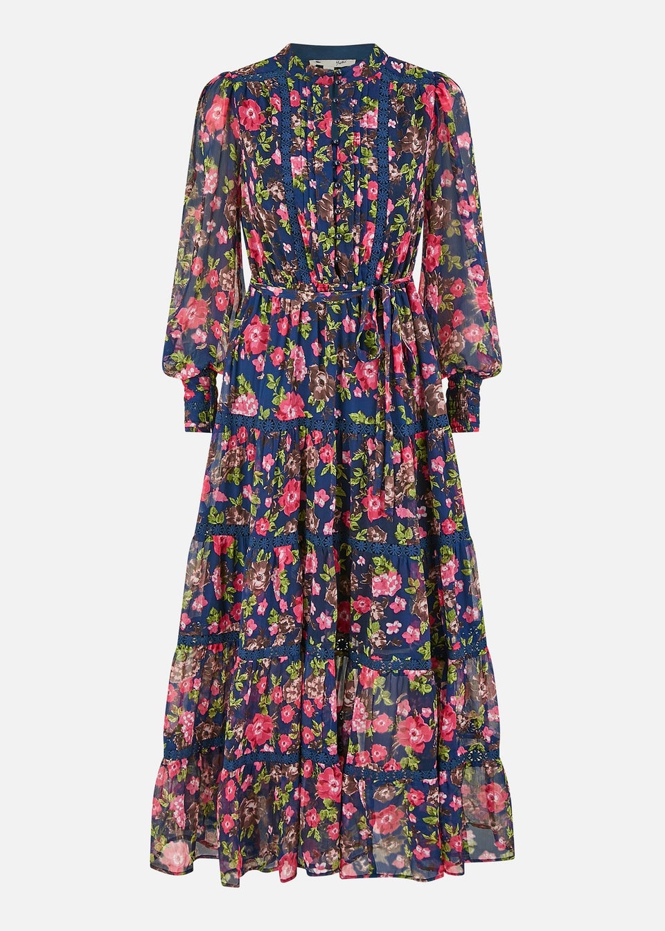 Yumi Navy Blossom Print Maxi Dress Lace Trims