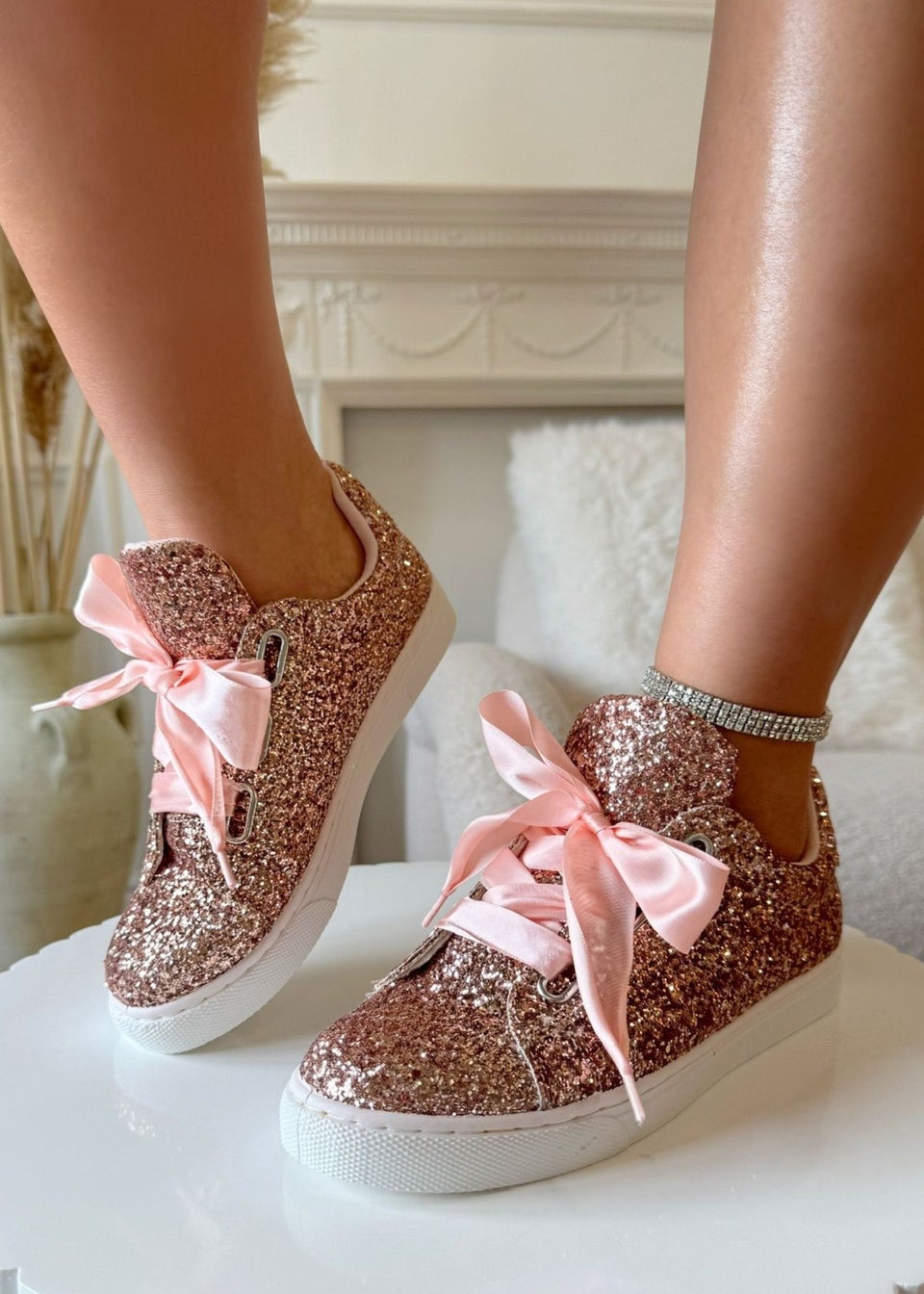 Love Lemonade Pink Sparkly Glitter Ribbon Lace Trainers