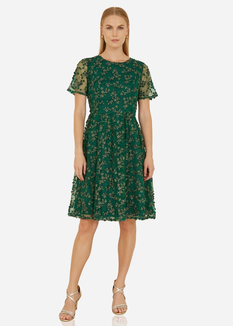 Yumi Green Embroidered Floral Skater Dress
