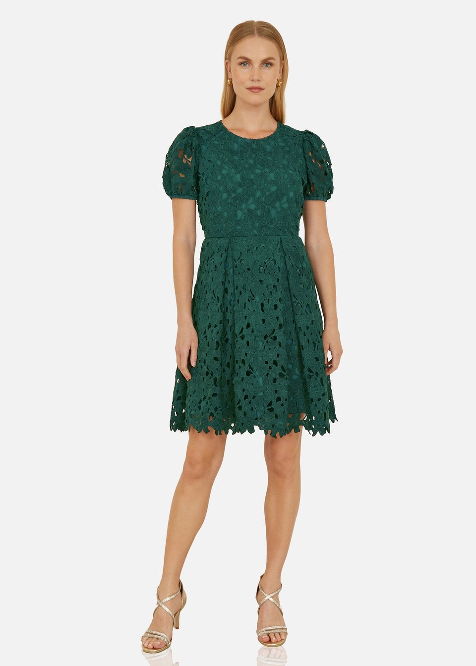 Yumi Green Lace Skater Dress With Puff Sleeves