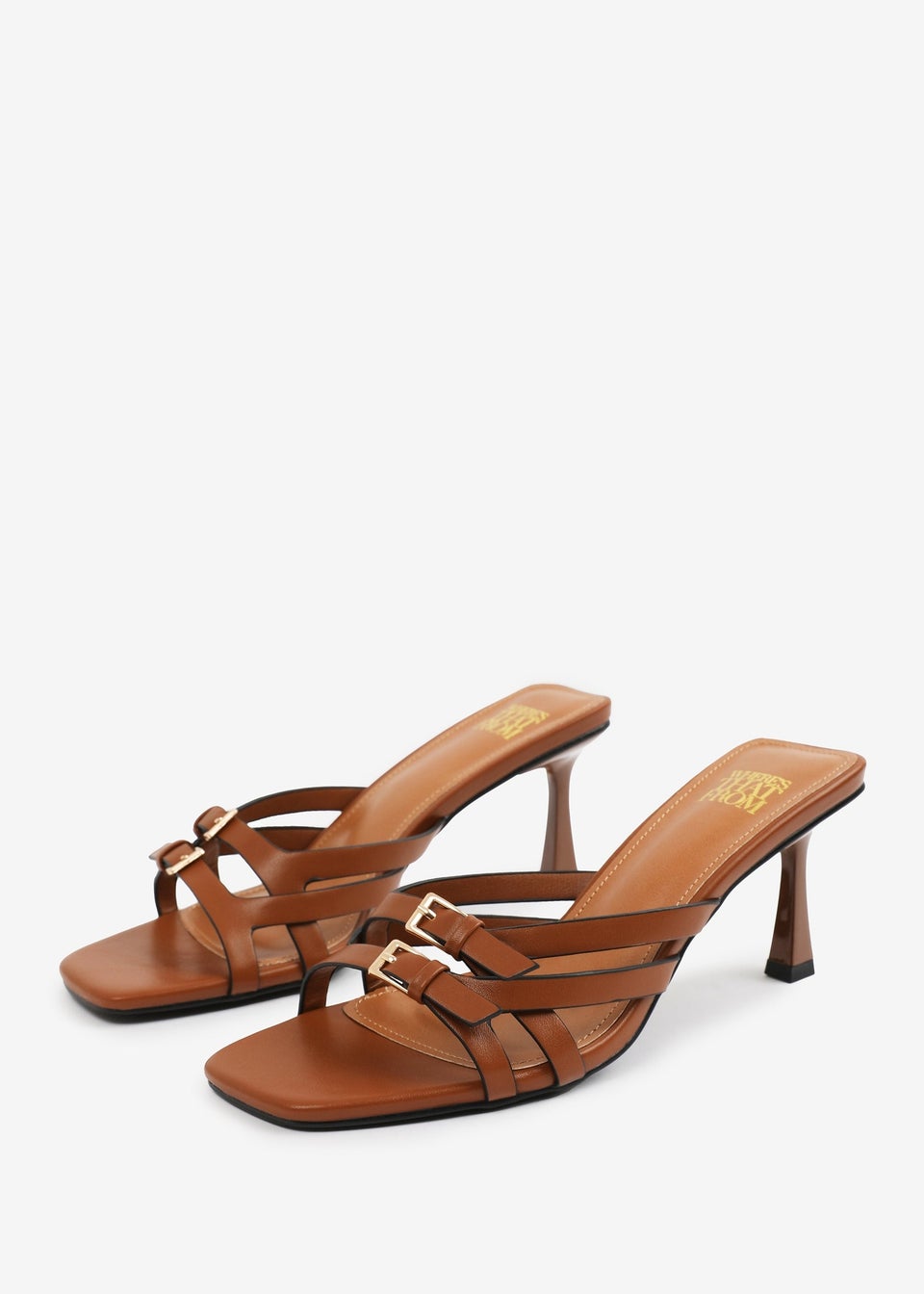 Where's That From Tan PU Ariela Wide-Fit Cross-Over-Buckle Details Strap Heel