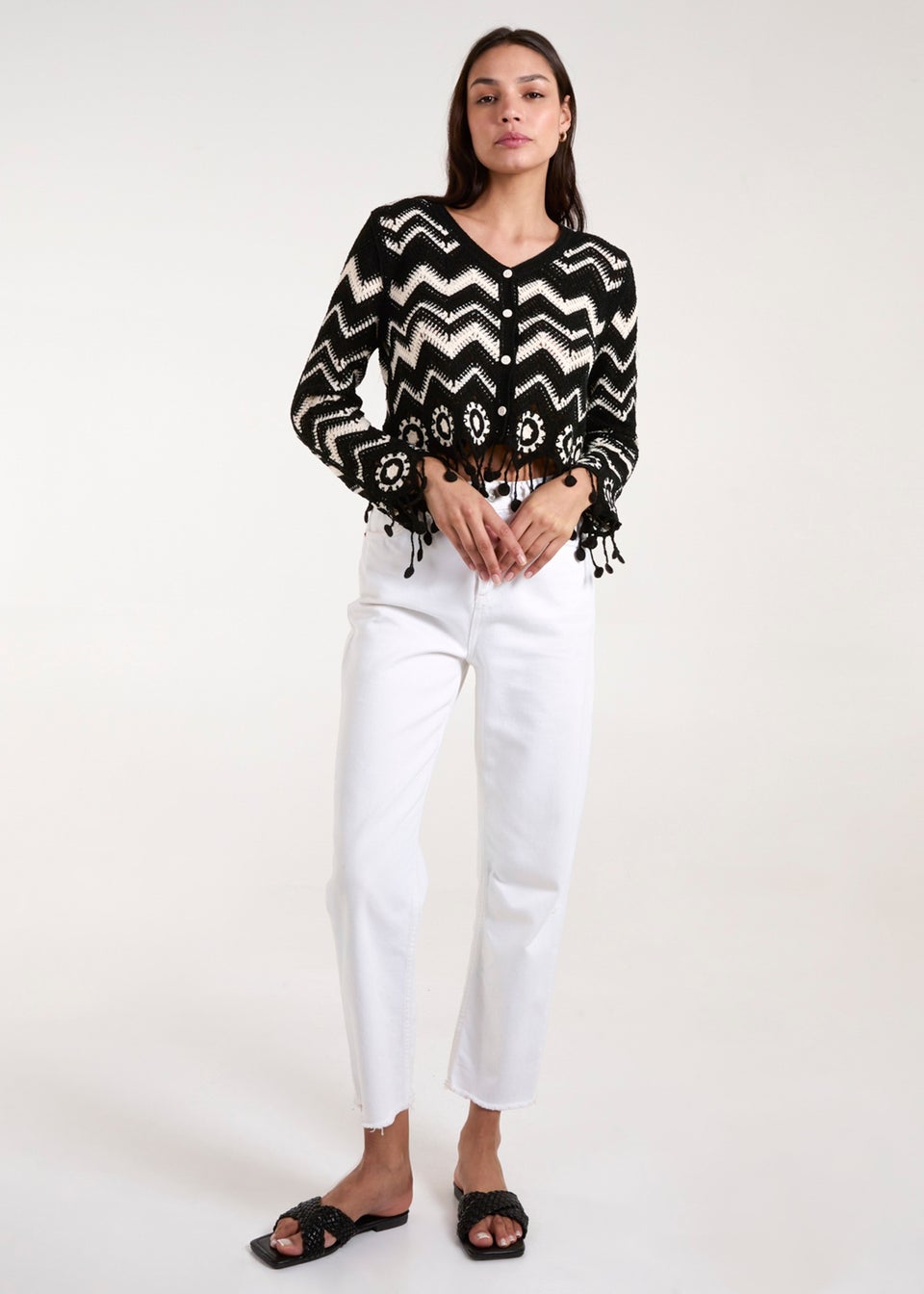 Blue Vanilla Black Crochet Zig Zag Tassel Detailed Button Front Cardigan