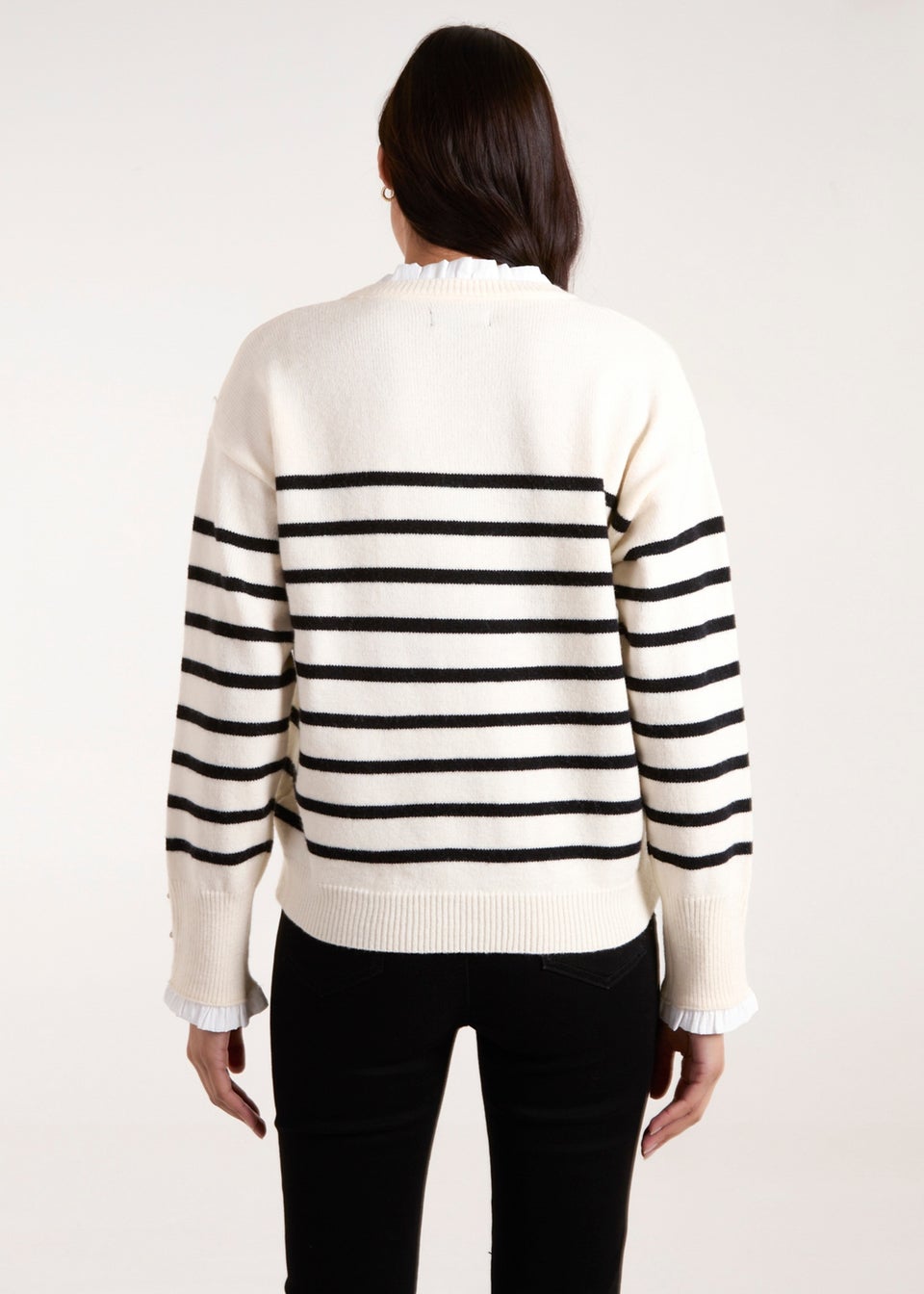 Blue Vanilla Stone Horizontal Stripes Bow Button Detailed Jumper