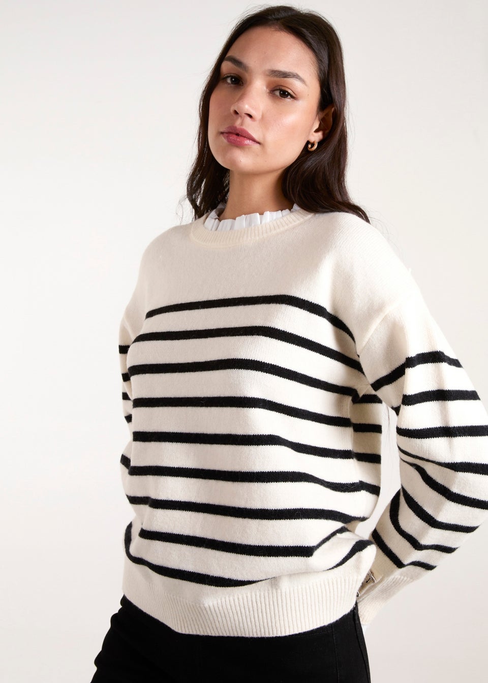 Blue Vanilla Stone Horizontal Stripes Bow Button Detailed Jumper